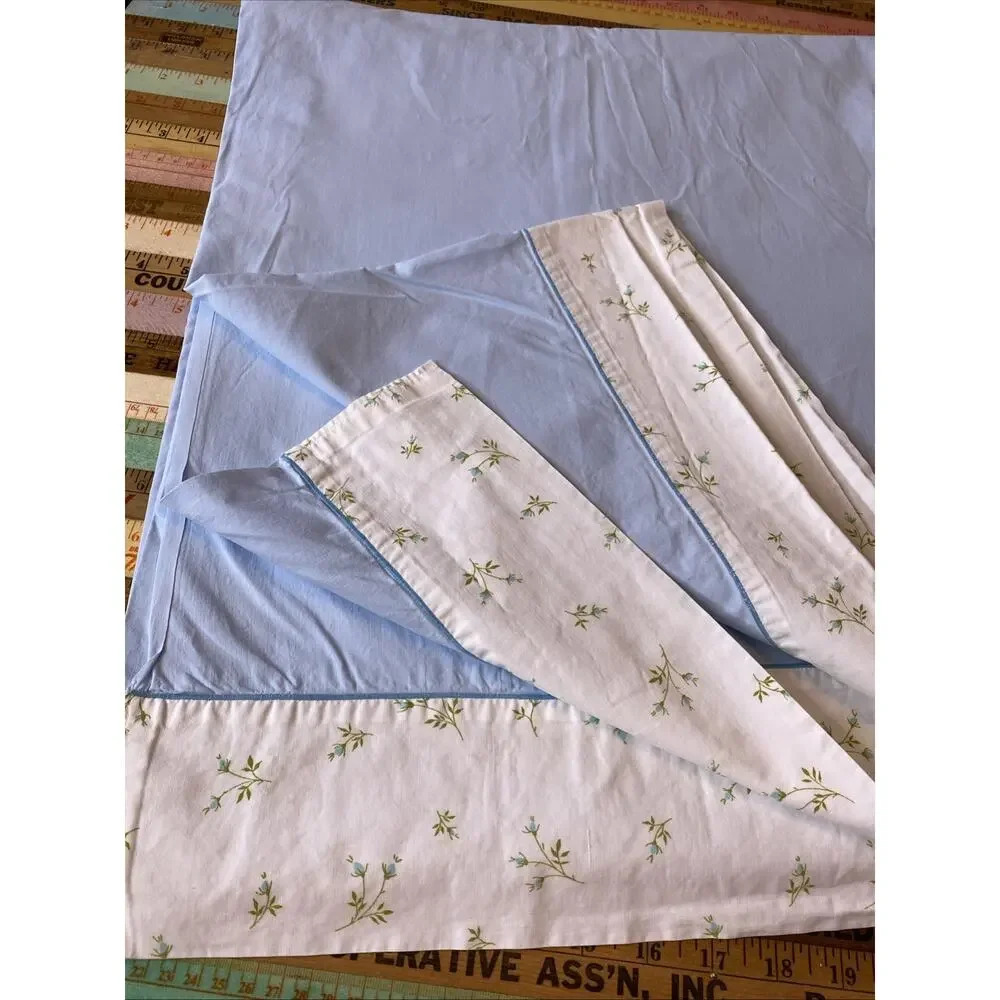 Vintage Cannon Combspun Percale Full Flat Top Sheet Blue Ditsy Floral Roses